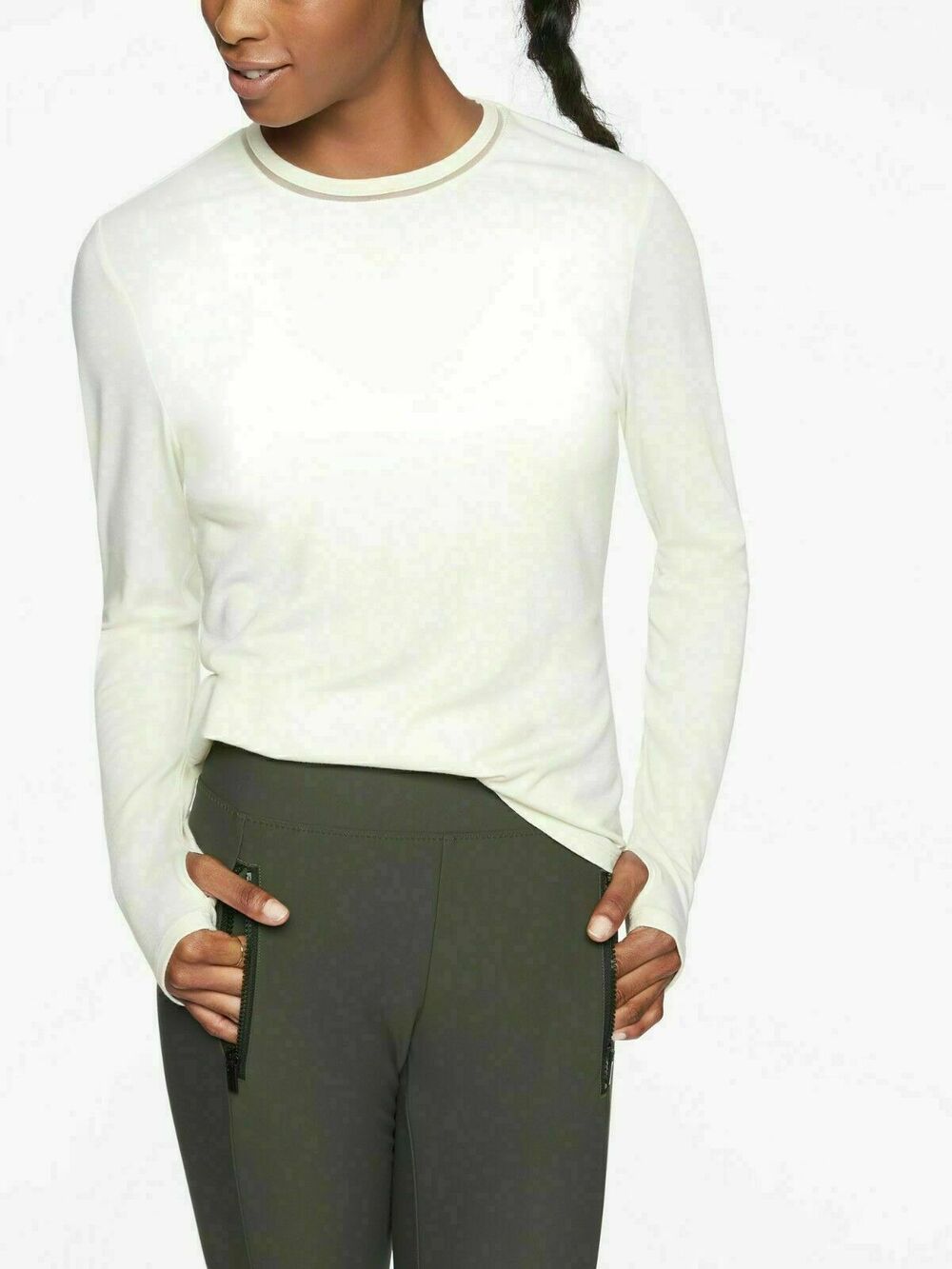 Athleta Industry Long Sleeve Top M Cream Mesh Insets Crew Neck Wool Blend